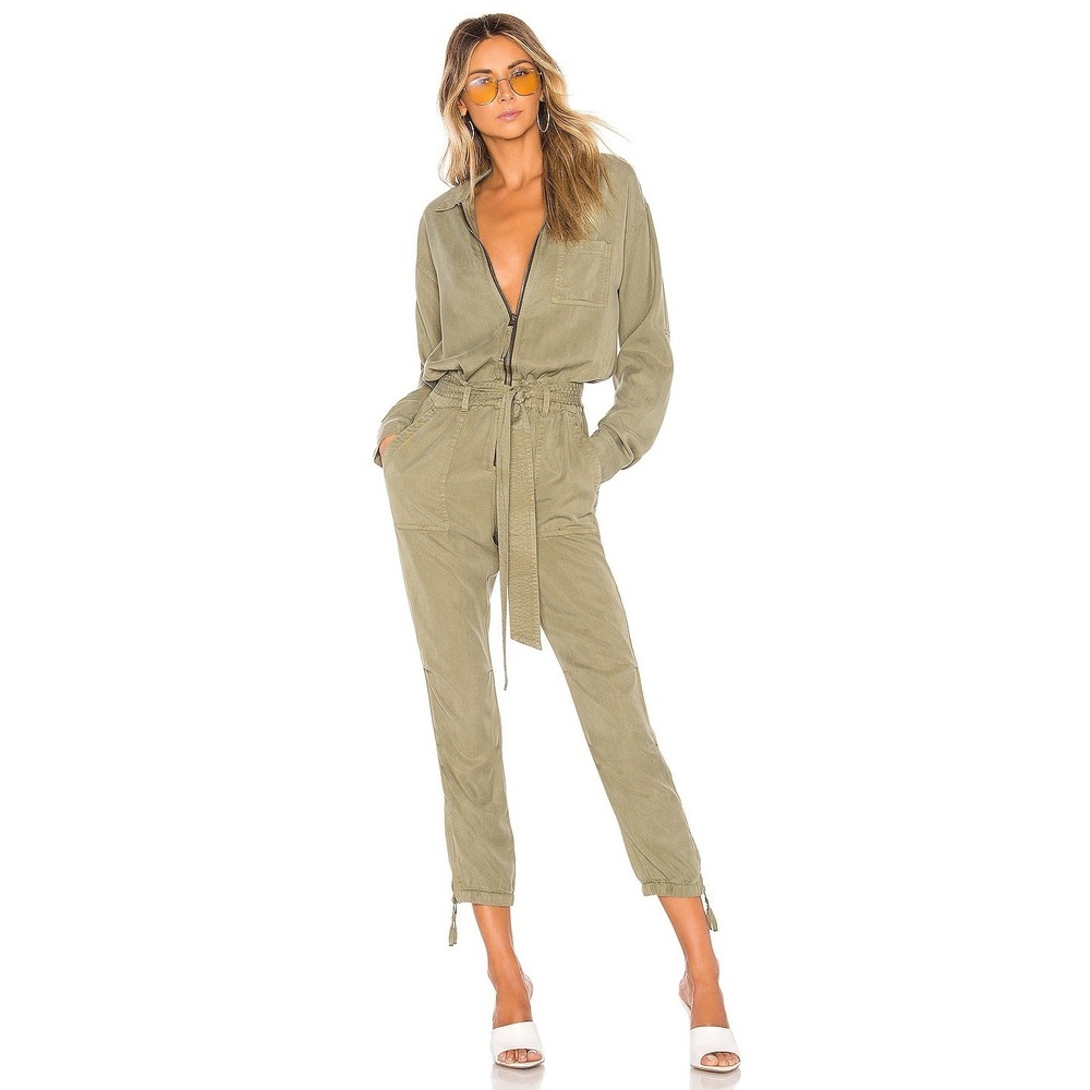 Pam &‎ Gela Olive Green Utility Jumpsuit Roll Tab Sleeve Ankle Zip Small $355